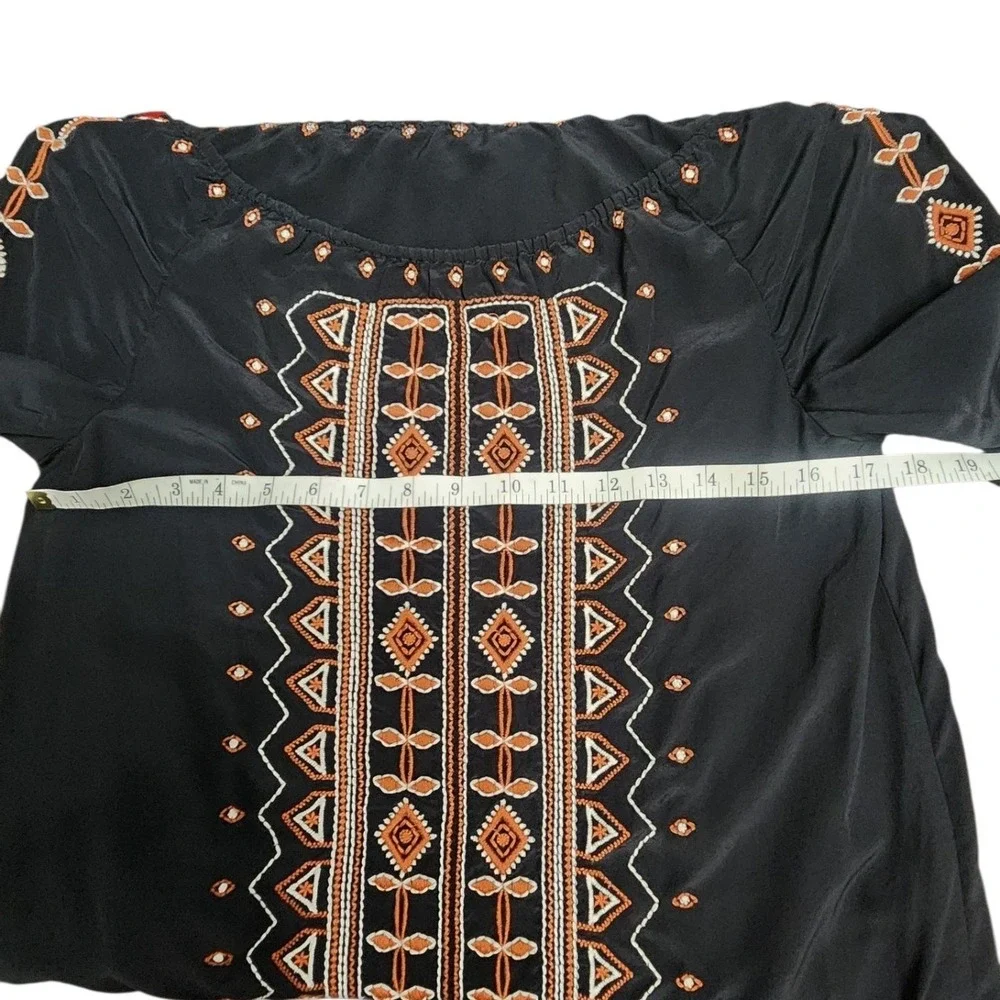 Tory‎ Burch Embroidered Black Long Sleeve Blouse Shirt Size 4 Boho Southwestern